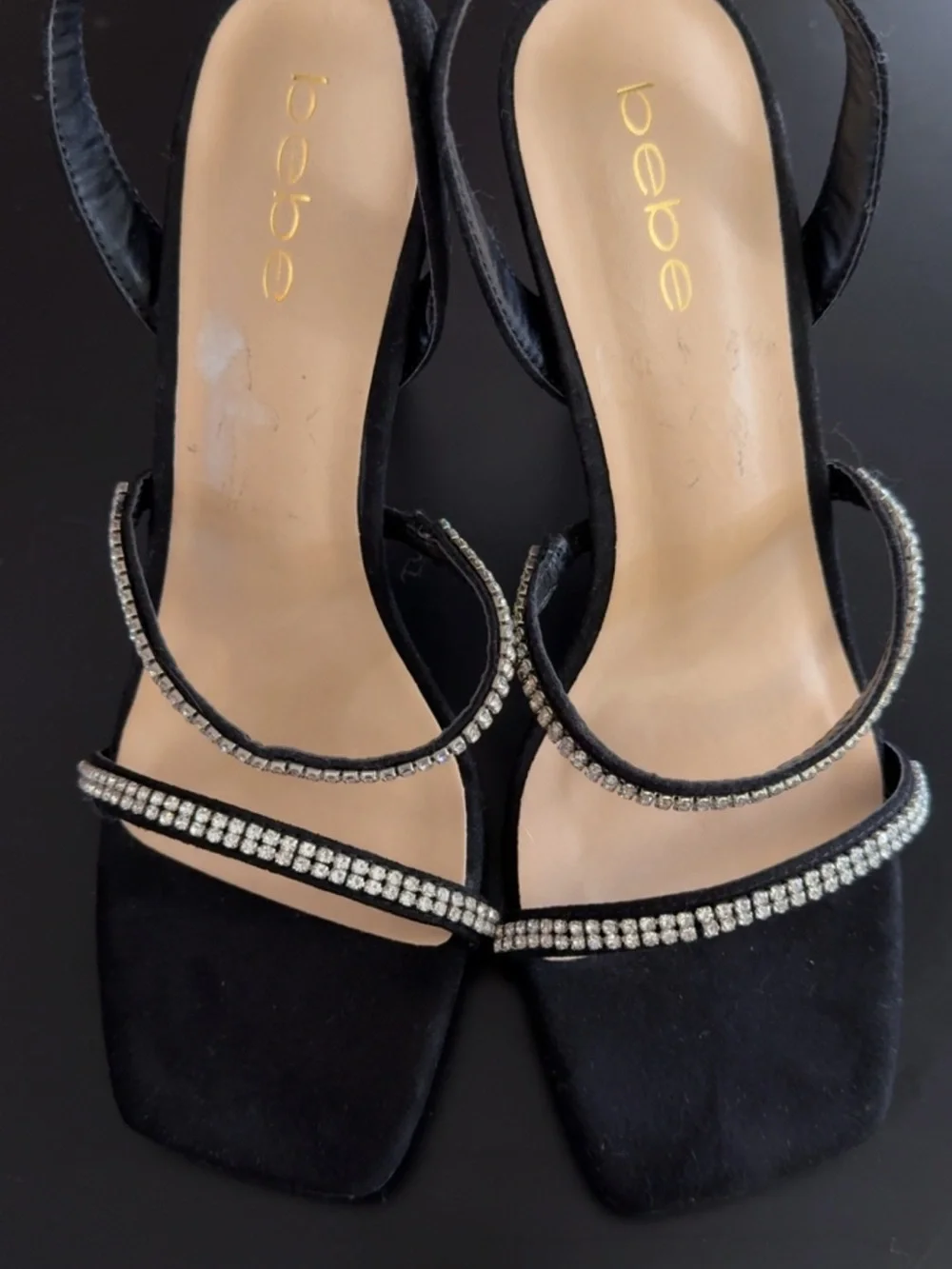 bebe Black Suede Rhinestone Strap High Heels